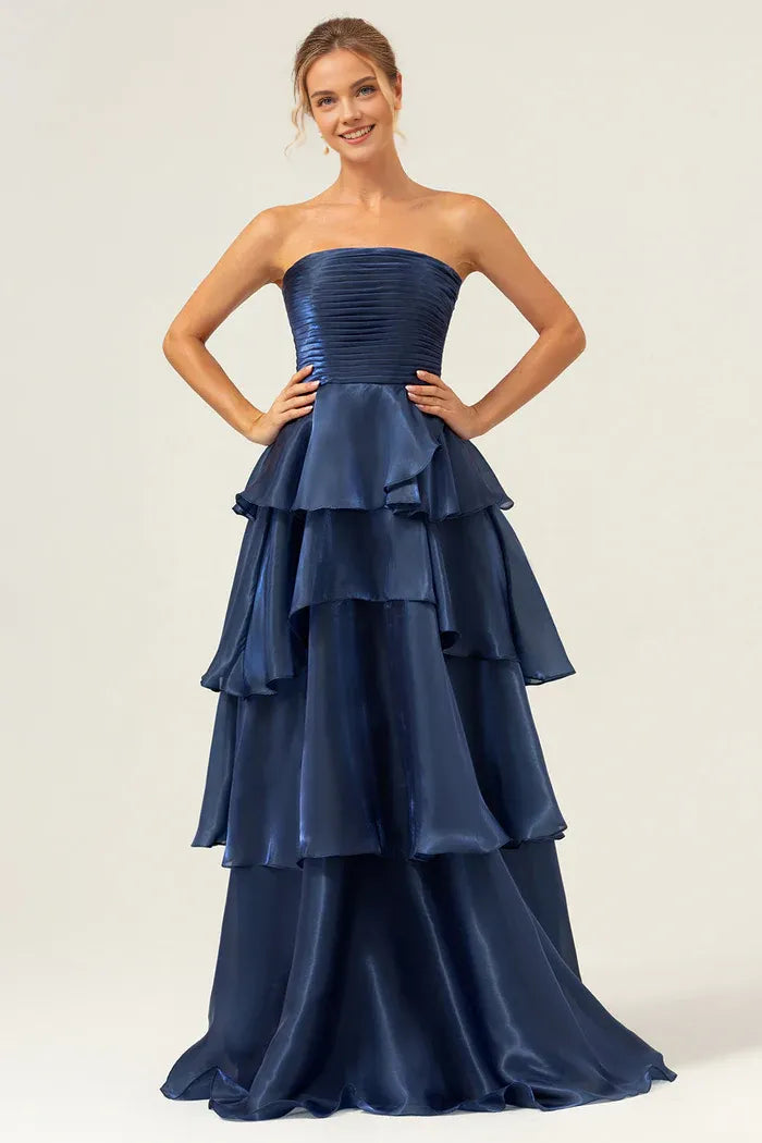 Robe Weitese bleu marine foncé, coupe trapèze, sans bretelles, en satin, à volants, robe de bal, maxi, sans manches, plissée, robe de soirée